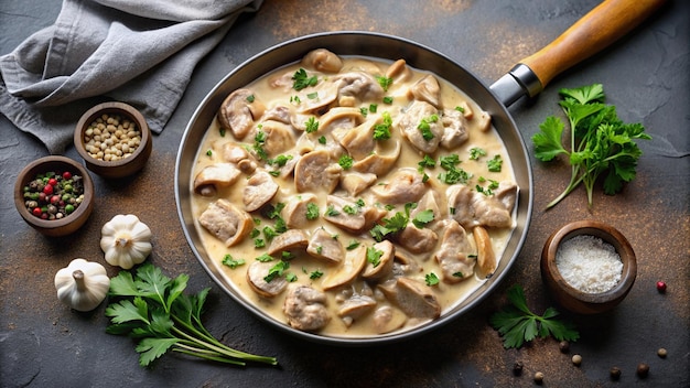 Photo homemade chicken stroganoff with mushrooms and sour cream sauce served in a pan on a rustic cement table from a high angle view pan culinary rustic comfort food meal