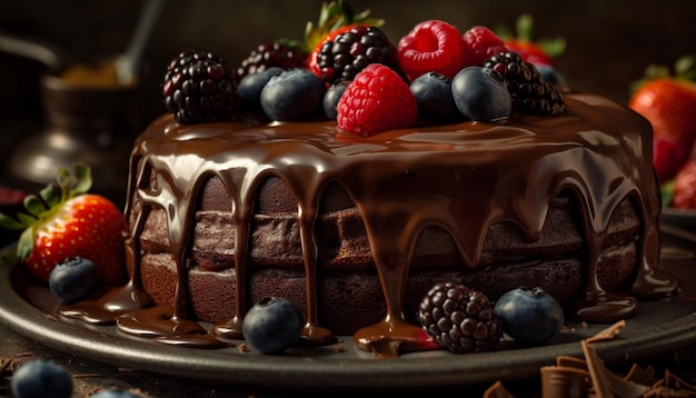 Homemade chocolate cake with berry decorations gourmet indulgence generated by AI