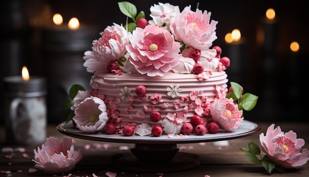 Homemade chocolate cake with fresh strawberry and raspberry decoration generated by artificial intellingence