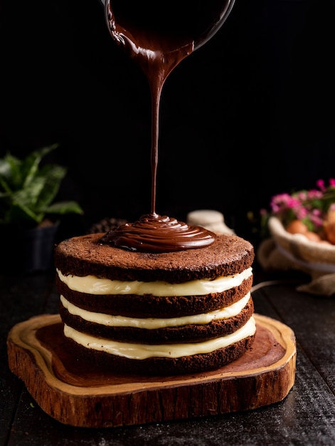 Homemade chocolate cake with tasty strawberry on the table