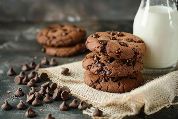 Homemade chocolate chip cookies with fresh milk perfectly baked snack for any time of day