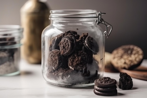 Homemade chocolate cookies in a glass jar on a white background Delicious truffle cake closeup inside a glass jar AI Generated