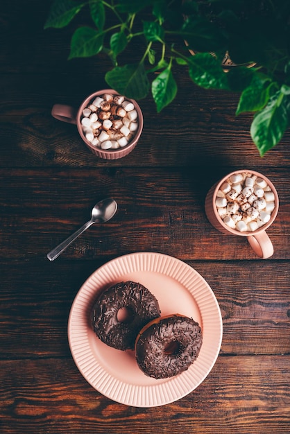 Homemade Chocolate Donuts and Hot Chocolate with Marshmallow