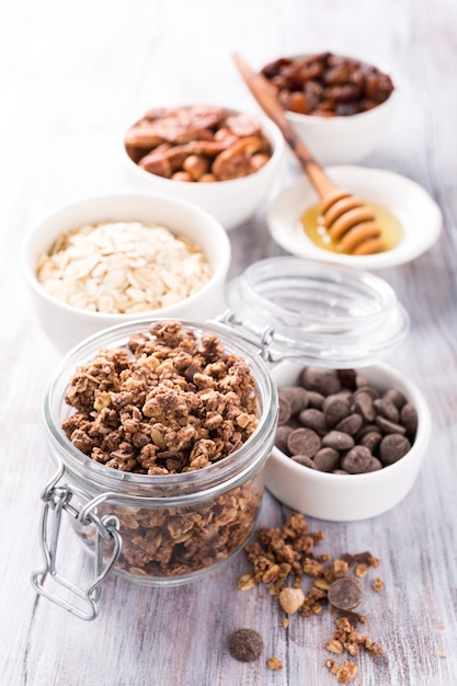 Homemade chocolate granola ingredients