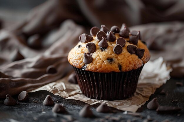 Homemade chocolate muffins with chocolate drops