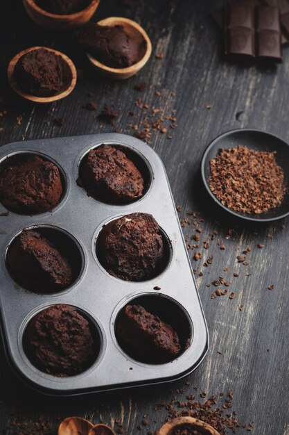 Homemade chocolate muffins with chocolate 