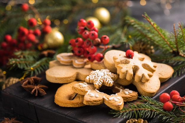 Homemade Christmas cookies on a wooden background