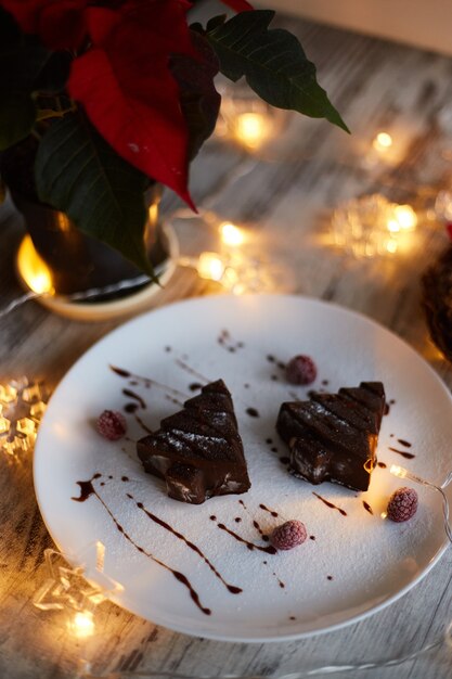 Homemade Christmas tree dessert. Holiday cake with chocolate on ceramic plate with xmas decorations and lights as background. Preparing for the new year and christmas