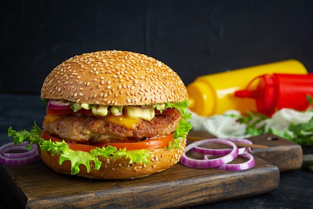 Homemade classic hamburger with beef cutlet cheese lettuce and tomato