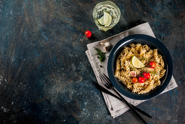 Homemade classic italian pasta fusilli with vegetables