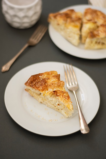 Homemade cottage cheese cake or pie with yeast dough. 