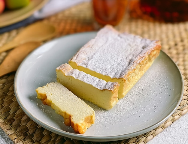 Homemade cottage cheese casserole sprinkled with powdered sugar.