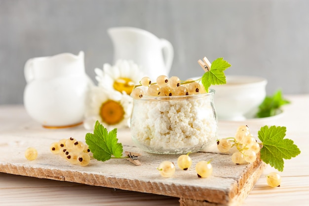 Homemade cottage cheese and ripe white currants Healthy breakfast