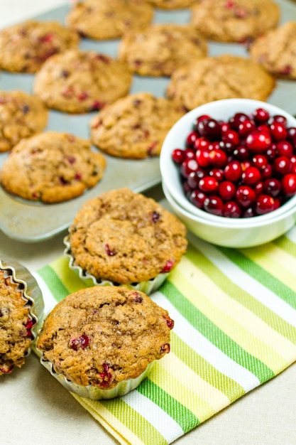 Homemade cranberry muffins baked for Christmas breakfast.