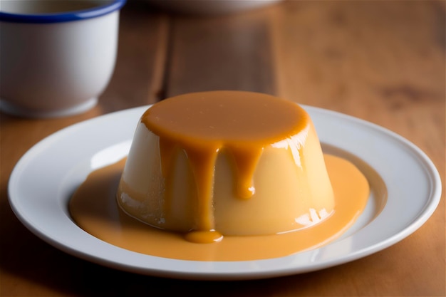 Homemade creamy condensed milk pudding topped with caramel sauce on white plate over rustic wooden table AI generated