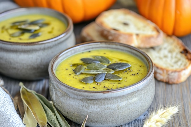 Photo homemade creamy pumpkin soup with toasted bread on wooden table