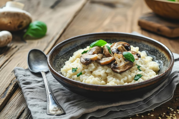 Homemade creamy risotto with brown champignon mushrooms and parsley Generative AI