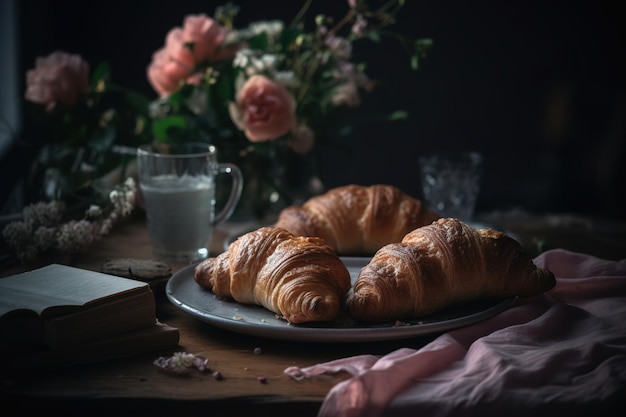 Homemade croissants on a table with flowers Generative AI