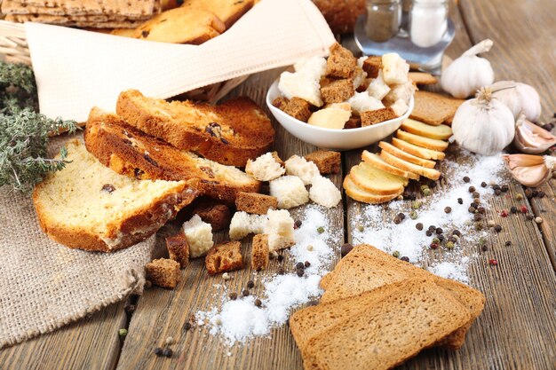 Homemade croutons on table in kitchen