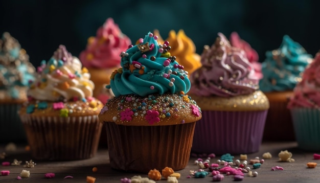 Homemade cupcakes with pink icing confetti and candy decorations generated by AI