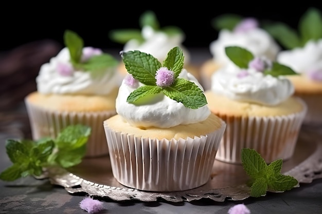 Homemade cupcakes with whipped cream and fresh mint on a dark background