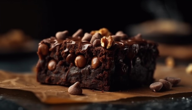 Homemade dark chocolate brownie slice on wood generated by AI