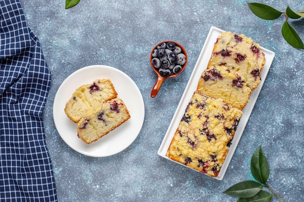 Homemade delicious blueberry crumble cake with frozen blueberries,top view