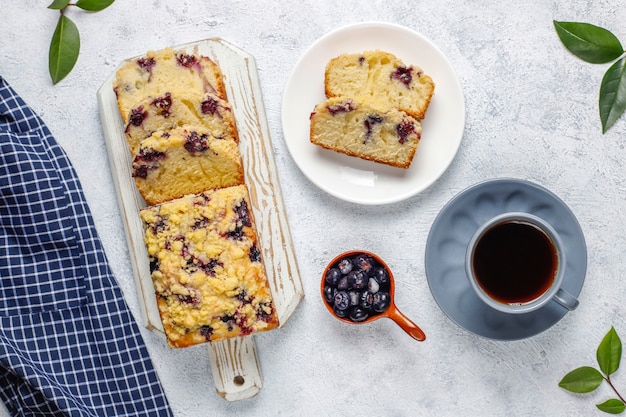 Homemade delicious blueberry crumble cake with frozen blueberries,top view