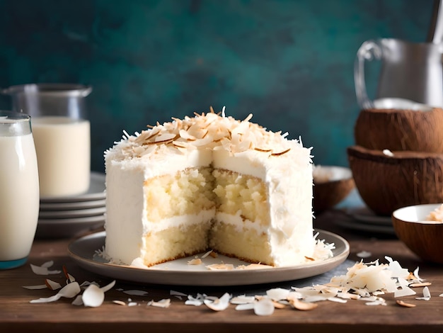 Photo homemade delicious coconut cake with half coconut generative ai