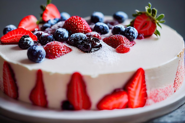 Homemade delicious fruit cake decorated with pieces of fresh strawberries