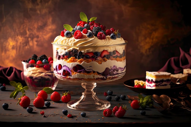 Homemade dessert with berries trifle cream on plate