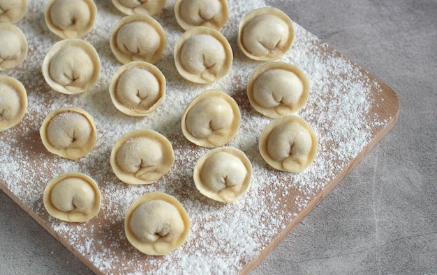 Homemade dumplings on a cutting board in closeup rows of flour