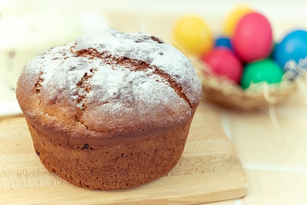 Homemade Easter cake on a wooden board