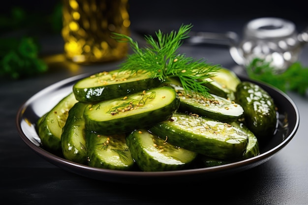 Homemade fermented pickled cucumbers in a plate