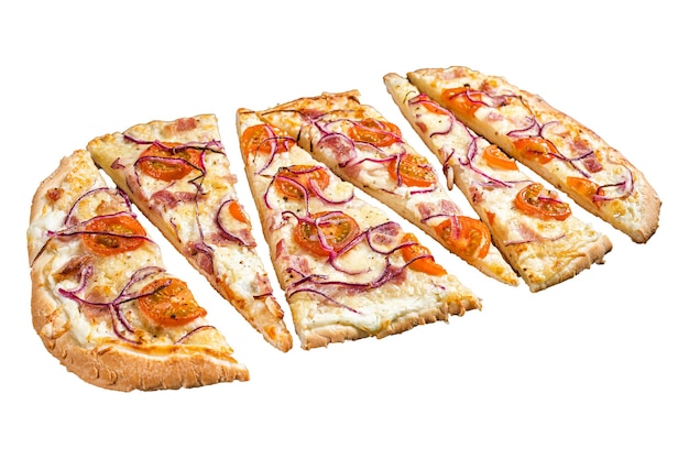 Homemade Flammkuchen or tarte flambee with cream cheese bacon tomato and onions Isolated on white background