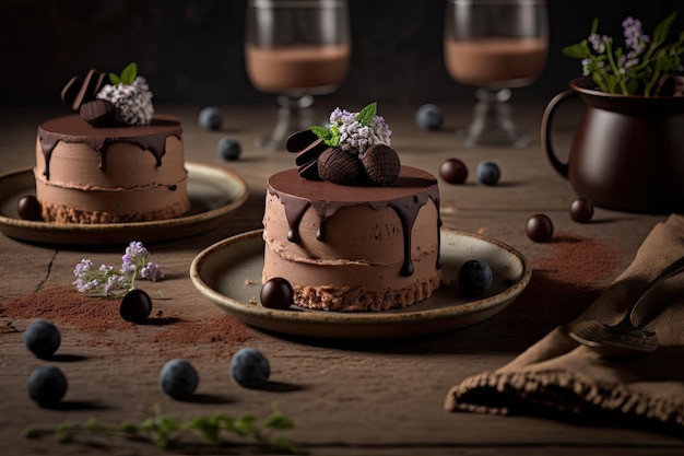 Homemade fluffy mousse cakes with chocolate cream on table created with generative ai