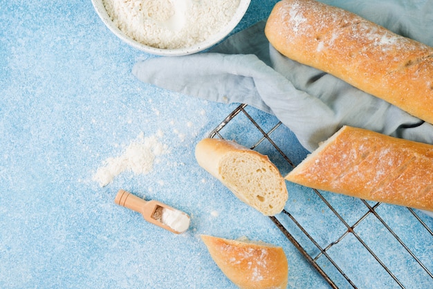 Homemade French baguette, simple home-made food, top view