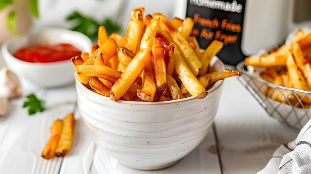 Homemade French Fries in Air Fryer on Clean White Wooden Table in Kitchen Setting