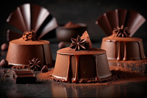 Homemade fresh chocolate mousse cakes decorated with cocoa on dark background created with generativ