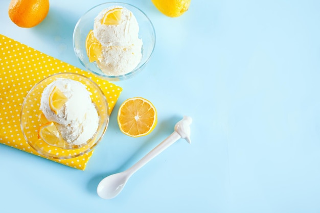 Homemade fresh lemon ice cream with lemon slices Summer delicious tasty dessert