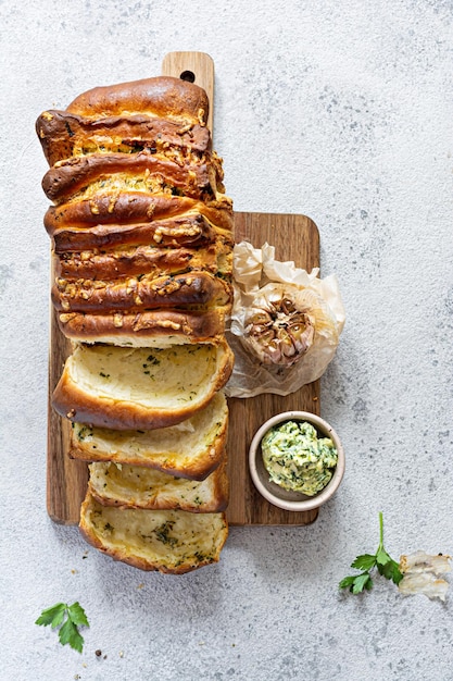 Homemade fresh  pull apart bread with herbs garlic cheese