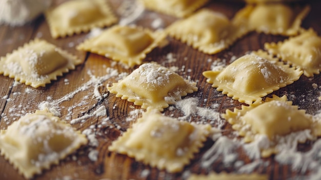 Photo homemade fresh ravioli on wooden surface freshly made ravioli scattered on a wooden surface