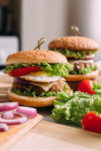 Homemade fresh tasty burger with lettuce and cheese