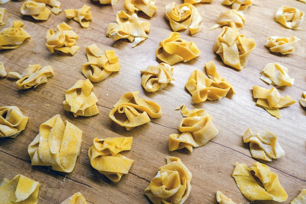 homemade fresh uncooked Italian pasta   top view. Food texture