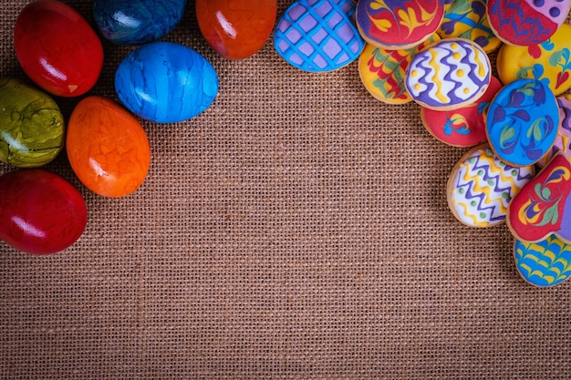 Homemade, freshly baked and decorated, colorful Easter biscuits cookies. Top view.