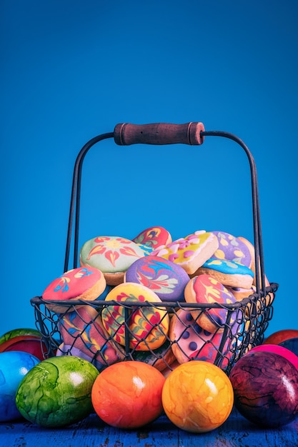 Homemade, freshly baked and decorated, colorful Easter biscuits cookies.