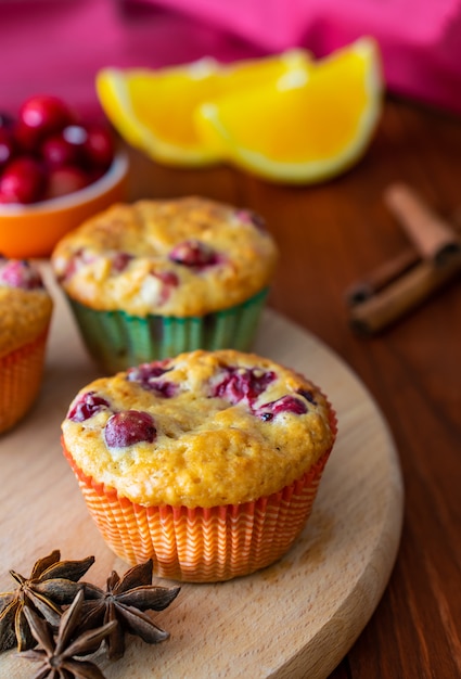 Homemade freshly baked muffins with cranberry, orange and anise spice