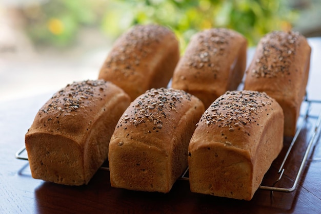 Homemade freshly baked white grain bread on a baking rack against a background of summer green leaves Soft selective focus