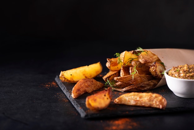 Homemade fried potato slices with sauce on a black board