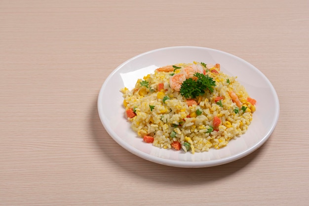 homemade fried rice with mixed vegetable, egg and shrimp